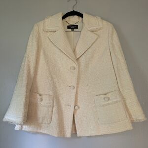 Talbot's Tweed Fringe Cotton Blend Blazer Cream Vintage White Size 14 Old Money